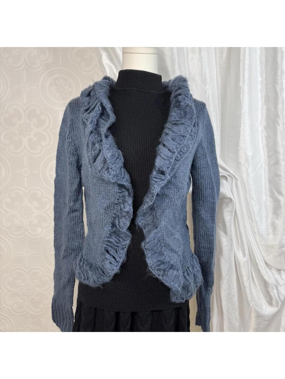 Whimsigoth Mohair Knit Ruffle Cardigan Blue Open Front Sweater Womens Large